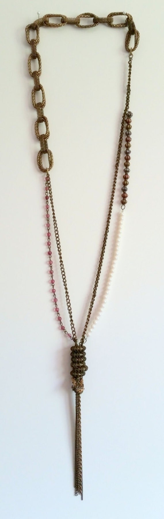 Long lariat necklace with vintage gold pearls and rose