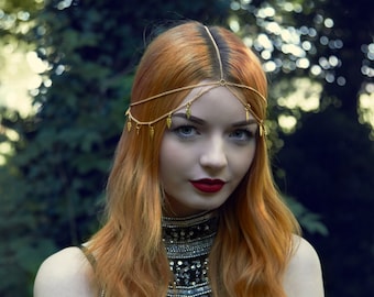 Gold Headdress, Gold Head Chain, Boho Headdress, Boho Hair Piece, Boho Head Chain, Gold Hair Piece, Gold Feathers