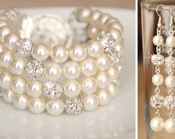 Bridal Jewelry Bracelet and Earrings, Ivory Swarovski Pearl Bridal Jewelry Bracelet, Pearl Earring, art. e23-b07
