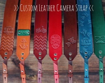 Custom 45" Leather Camera Strap, Handmade personalized gift, hipster style, hand stitched. Choose color, stamp, custom text, name, initials