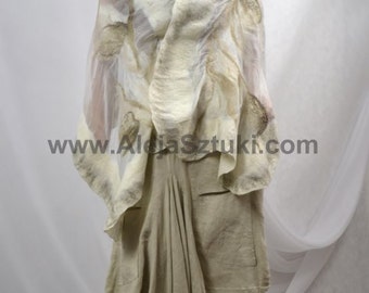 Felted Art scarf Wrap Shawl Wool Merino, Silk. Organic natural eco materials Beige shadow Nuno felting,