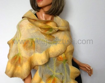 FREE SHIPPING Felted Art scarf Wrap Shawl Silk Wool Merino. Organic natural eco materials Nuno felting Unique for Woman. Beige shawl