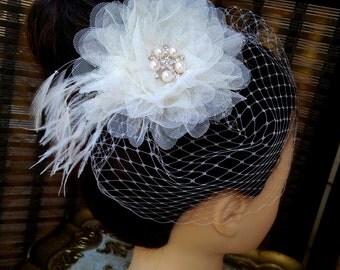 Ivory Birdcage Veil and Flower Feather Fascinator - Wedding Fascinator, Large Ivory Flower Fascinator, Birdcage Veil Fascinator