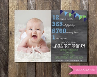 Chalkboard 5th Birthday Invitation with Picture. Fifth