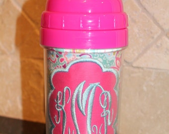 Pink/Aqua Floral Monogram Sippy Cup - Personalized w/ Monogram or Name - SIPPY or STRAW Top options