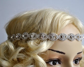 Rhinestone Headband hairpiece Great Gatsby Headband,Crystal Wedding Halo Bridal tie on ribbon Headband Headpiece, 1920s Flapper headband