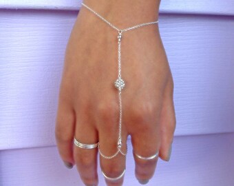 Silver Slave Bracelet, Silver Hand Chain, Crystal Ring Bracelet, Boho Hand Jewelry, Bridesmaid Gift, Mothers Day Gift, Graduation Gift
