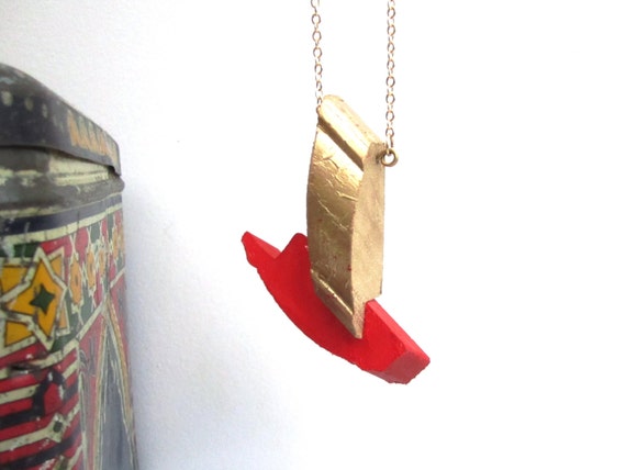 red and gold wooden necklace, upcycled pendant necklace, statement necklace
