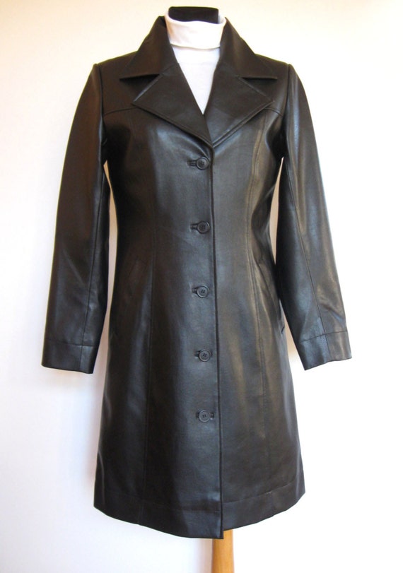 Vintage Black PVC Womens Raincoat Faux Leather Trench Lining