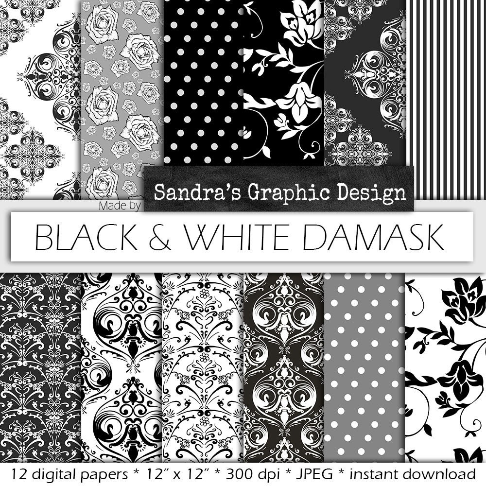 Black and white digital paper “BLACK and WHITE DAMASK” with various