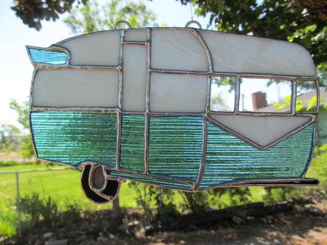 Vintage Trailer Turquoise Stained Glass Suncatcher Camper 0167