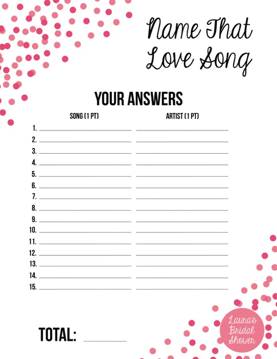 Bridal Shower Name that Love Song game Digital File