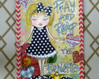 Mixed Media Art Print Whimsical Art Print Inspirational Art Print Spiritual Art Wall Art 5x7 or 8x10 ''Pray'' pink yellow black & white