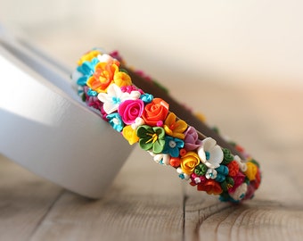 Handmade bracelet. Polymer clay. Roses, lily, flowers, meadow flowers, colorful bright bracelet. Summer jewelry. Beach style.