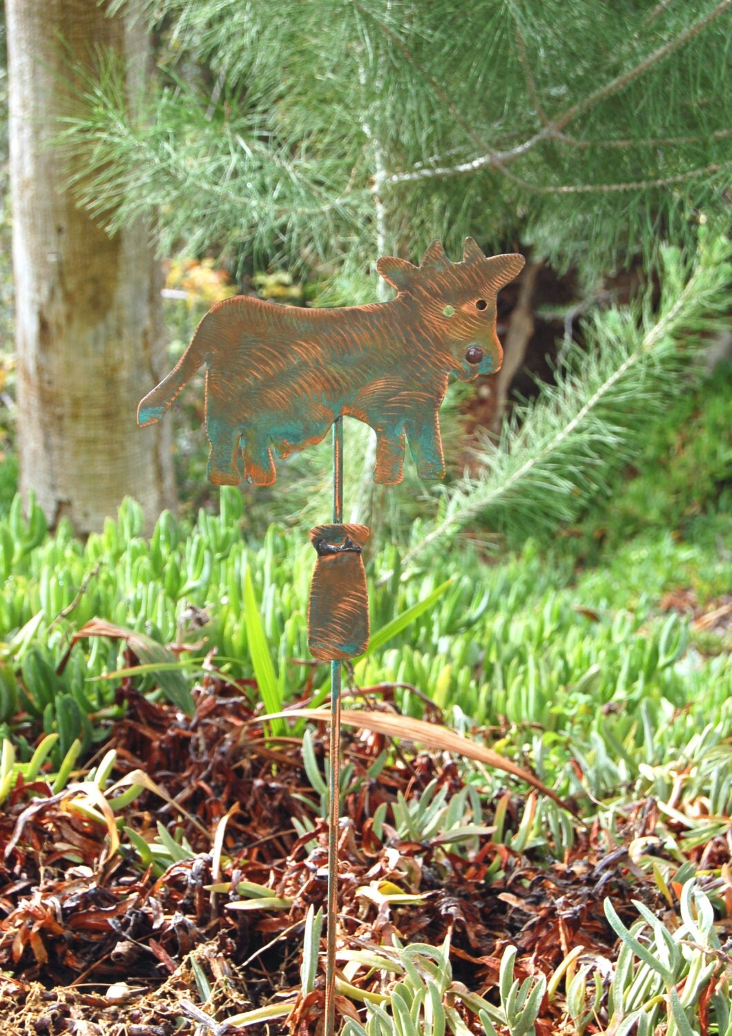 COW Metal Copper Yard Art Garden Planter Pot Stake Outdoor