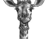 giraffe wearing tiara and pearls original art print 8.5x11