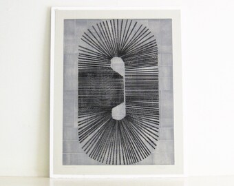 Large Original Etching . Gray+Black . Minimalist: "Cassette". Size 21" x 27". Unframed