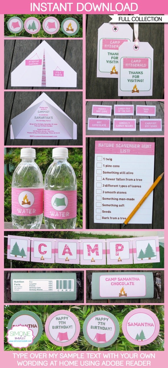 Girl Camping Birthday Party - INSTANT DOWNLOAD full Printable Collection + Invitation - EDITABLE text that you personalize with Adobe Reader Il_570xn
