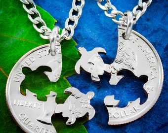 Turtle Necklace, friendship set, Interlocking Hand cut coin