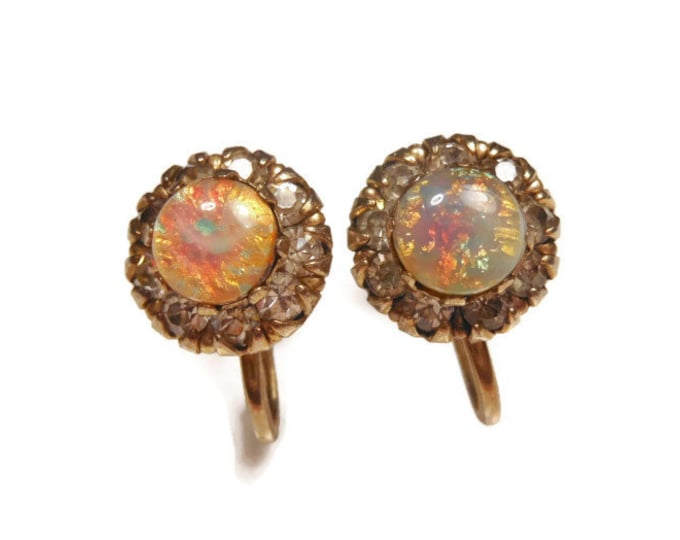 1940s Vargas screw back earrings, gold plated, confetti glass faux fire opal surrounded by clear rhinestones