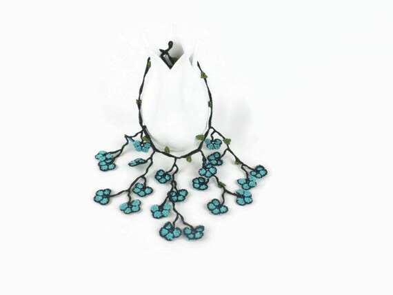 Crochet Oya Lace Necklace – Light Blue - Flower Pendant Necklace - Turkish Oya Jewelry - Boho Tribal Gypsy - Knitted Necklace, spring summer