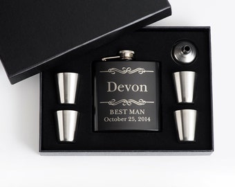 7, Personalized Mens Gift, Engraved Flask Set, Stainless Steel Flask, Personalized Best Man Gift, 7 Flask Sets