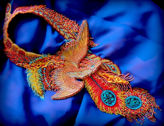 Exclusive handmade bead embroidered and hand tooled leather necklace with phoenix