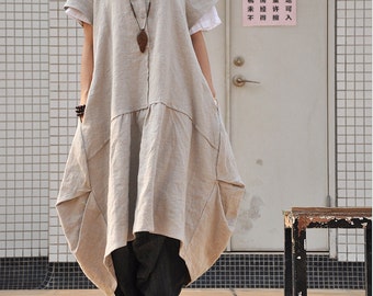 Women's retro plus size dress pullover pleated long linen dress loose fitting maxi dress(80374)
