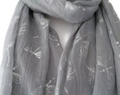 Grey Scarf with Silver Dragonfly Print, Ladies Dragonfly Pattern Wrap Shawl, Gray Scarf