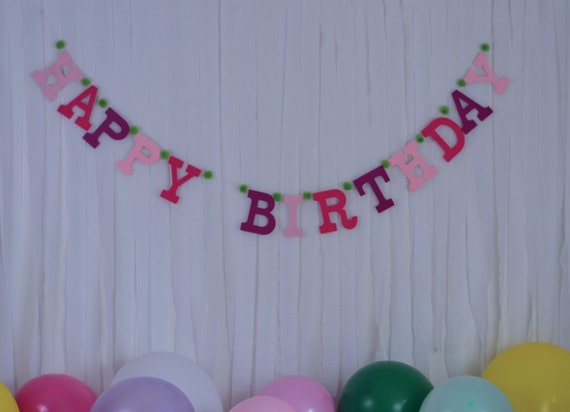 Custom Pom Pom HAPPY BIRTHDAY Banner / Felt Pink Ombre with Green Pom Poms / Other Colors Available / Handmade Personalized Party Banners Il_570xn