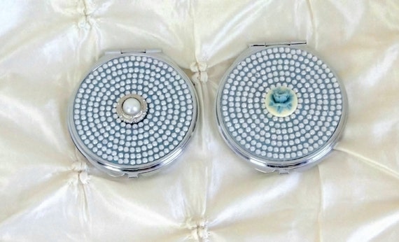 In Stock Rhinestone Compact Mirror Blue Decorative Makeup Pocket Mirror Choose Pearl Cameo Flower Center  Bridesmaid Bridal Party Gift 