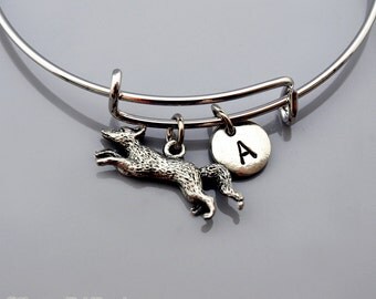 Running fox charm bangle, Fox bracelet, Silver Fox, Expandable bangle, Personalized bracelet, Charm bangle, Monogram, Initial bracelet