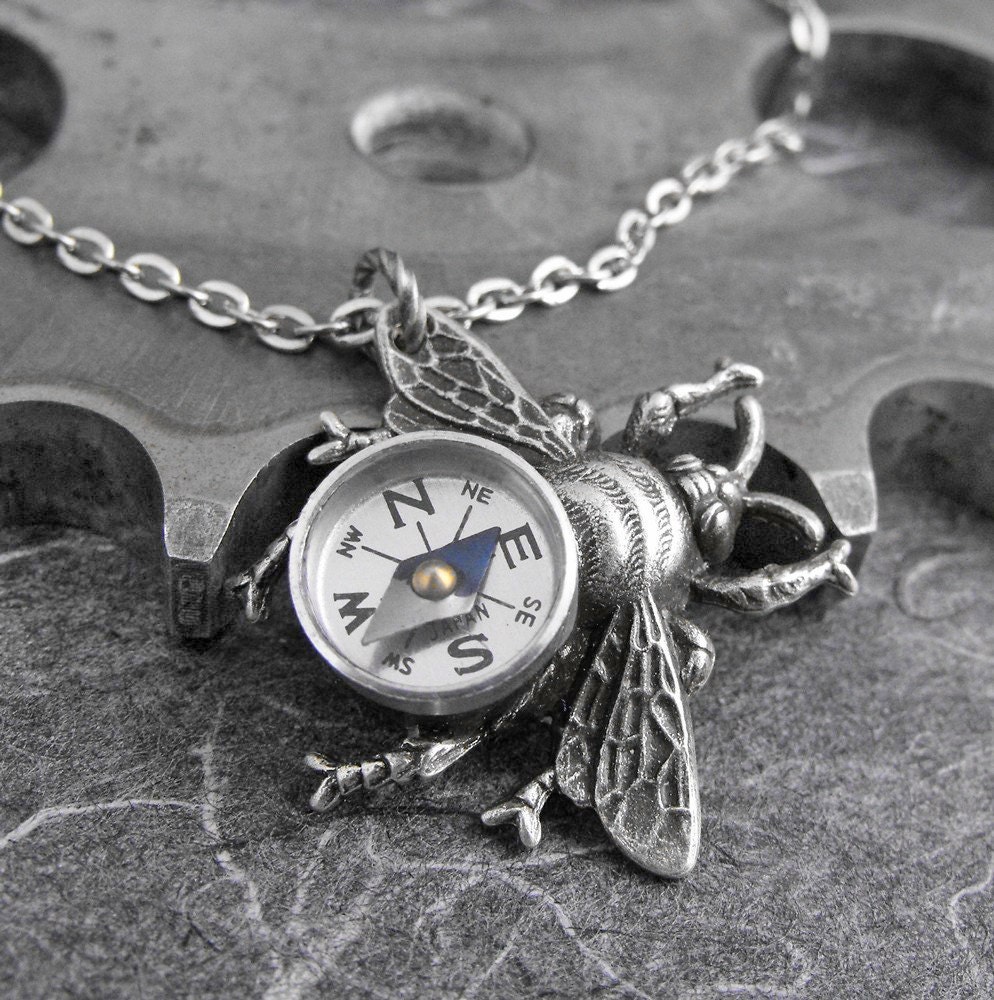 Steampunk Compass Bee Silver Necklace - Flight of the Travelling Bumblebee by COGnitive Creations