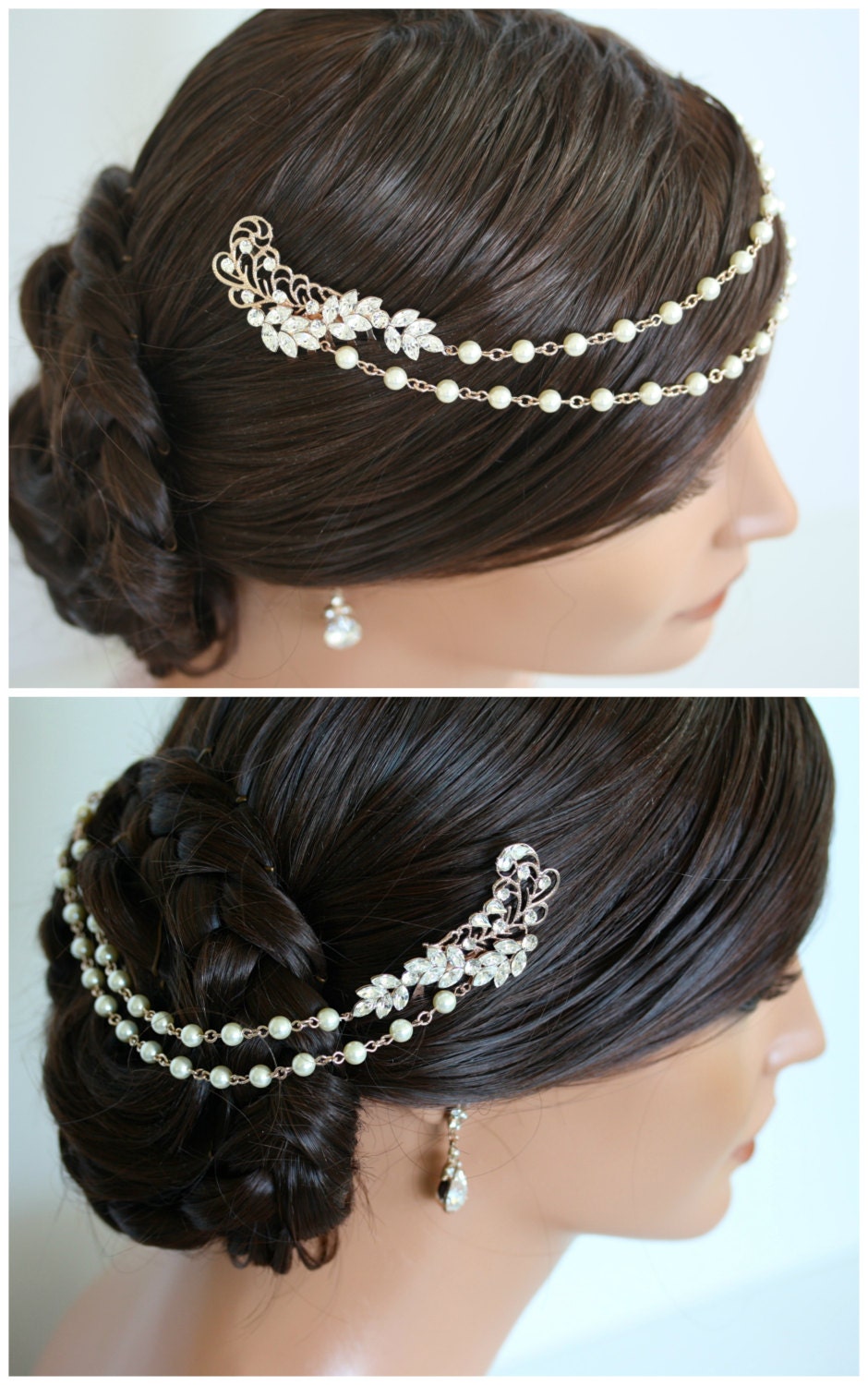 Pearl Chain Headpiece Rose Gold Bridal  Head Piece by 