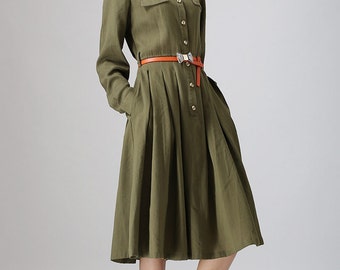 Army Green dress, Shirt dress, mid calf dress, linen dress, women dresses, midi dress, long sleeve dress, Spring dress, summer dress (797)