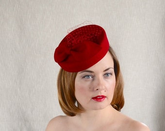 Red Felt Pillbox Hat with Veil - Red Fascinator - Red Cocktail Hat with Bow and Veil