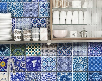 Kitchen/Bathroom Indian Jaipur Blue pottery Tile/ Wall/ Floor Decals : 22 Designs X 2= 44 Pcs