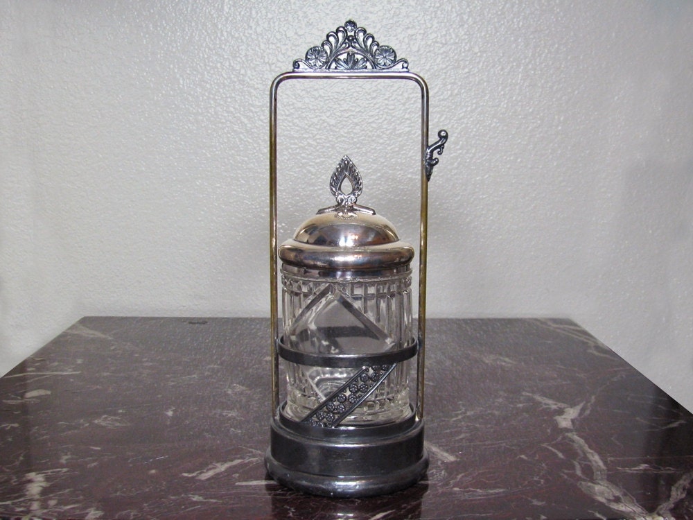 Antique Victorian Pickle Castor with Crystal Cut Glass Jar and