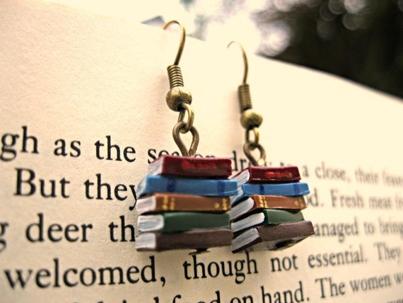 Book Earrings Stack of Books Earrings, Library Colours (Made to Order) - Book Jewelry by