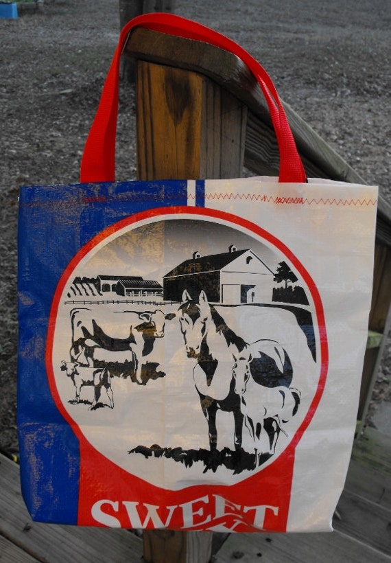 Large Upcycled Feed Bag Tote Red White & Blue Market Bag