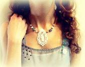 White Rabbit- Alice In wonderland Geeky Lace Charm-Pendant White & black beads Handmade Collar Vintage style Statement gift Collar Necklace