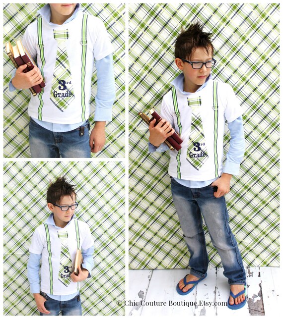 Back to School Tie and Suspender Personalized Tie T-shirt Tee. 1st Day, Grade School, Photo Prop. Fall Fashion, Navy Blue Green Stripes by ChicCoutureBoutique