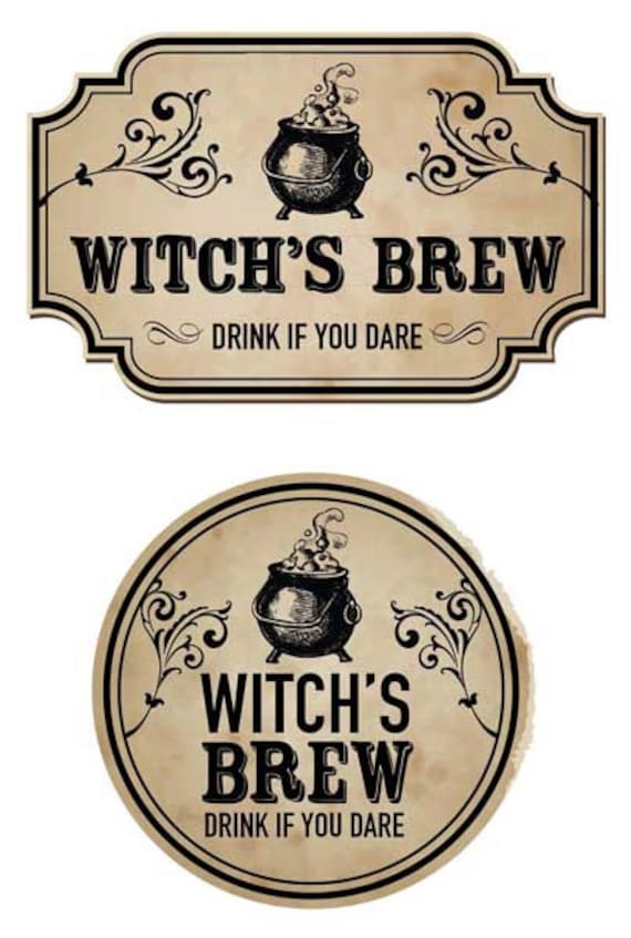 Halloween apothecary labels that say Witch's Brew Drink