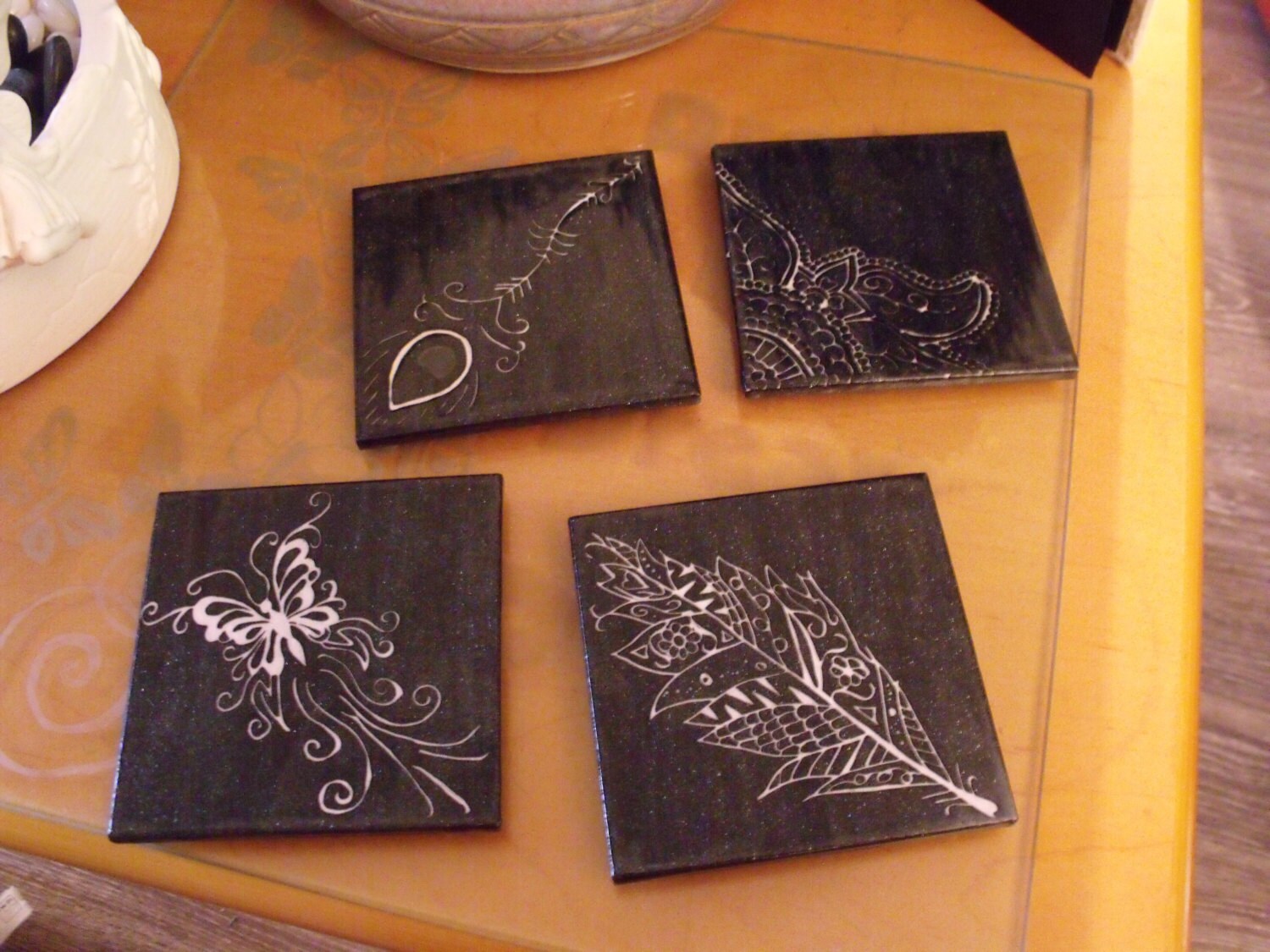 Set of 4 ceramic tiles/ coasters etched by CeramicswithAllie