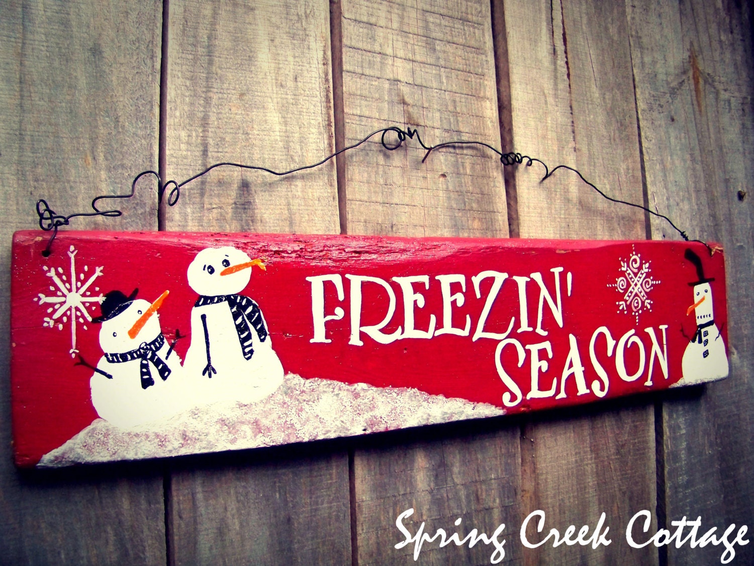 Handpainted Sign, Freezin' Season, Whimsical Wood Snowman Sign, Holiday Wall Decor, in Santa-Clause Red, Made To Order!