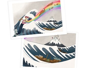 Cat Greetings cards - set of two - making the great wave hokusai japan cat sewing unicorn japanese kawaii