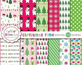 50% off Retro Christmas digital scrapbook papers Christmas Time Snowman, jouyeux noel, village, mid-century Instant Download Il_170x135
