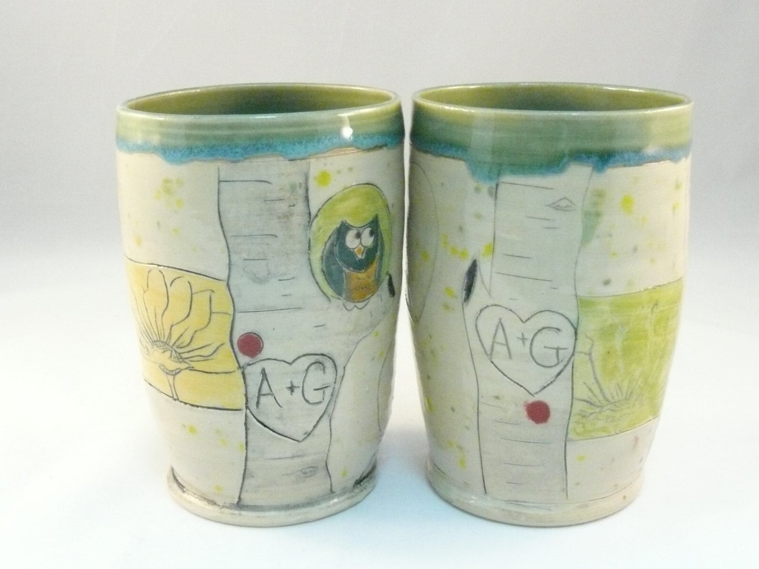 Two Personalized Cups Pottery Vases Couples Wedding Gift