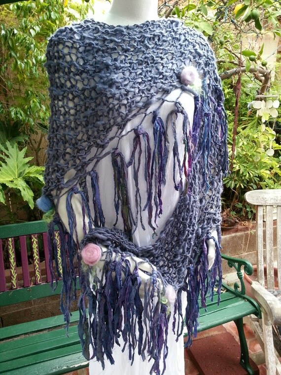 Twilight Slate Blue Like the Seas Handspun Hand Knit Boho Hippie Gypsy Beach Shawl with Needle Felted Roses and Sari Silk Ribbon Fringe Ties