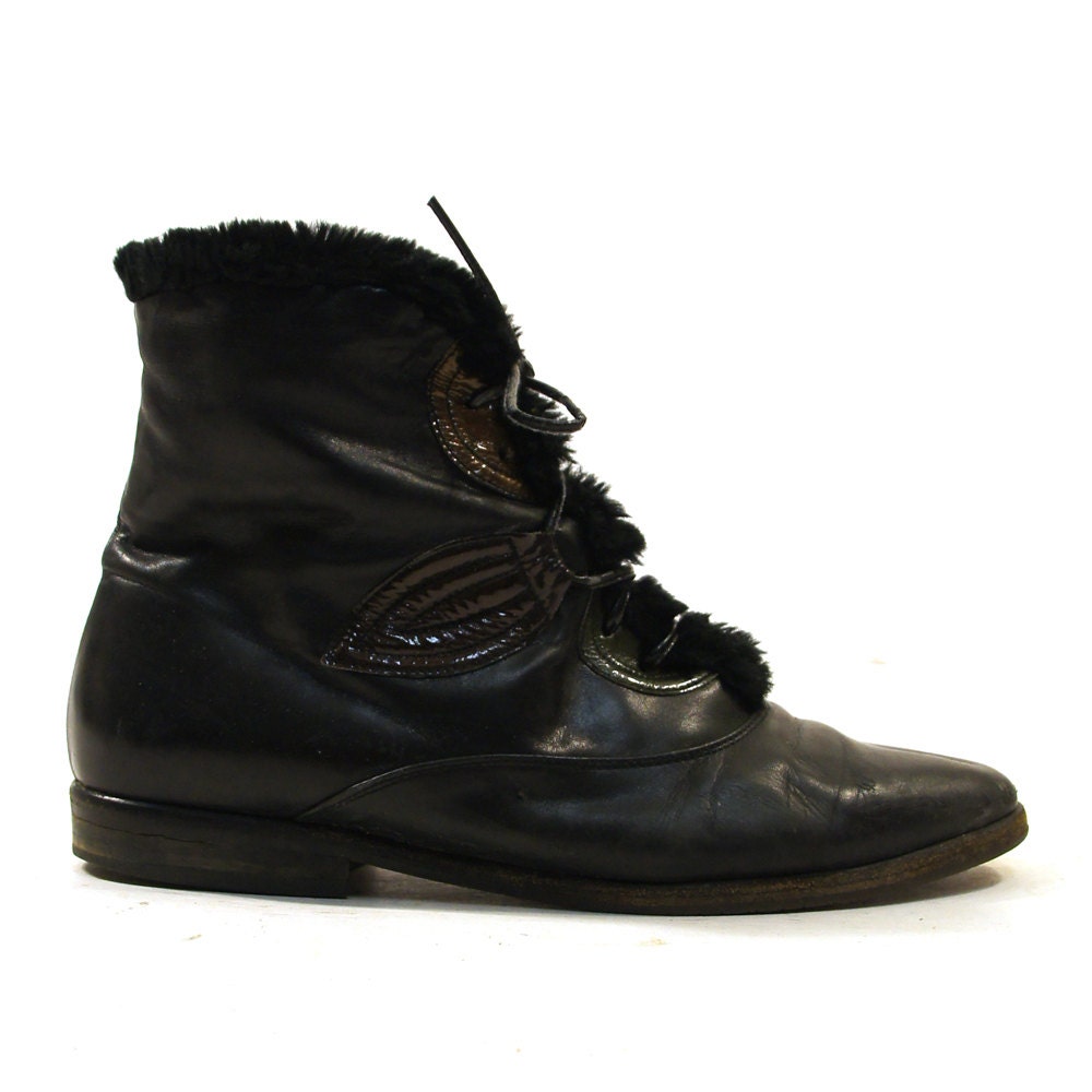 black faux leather lace up chunky boots